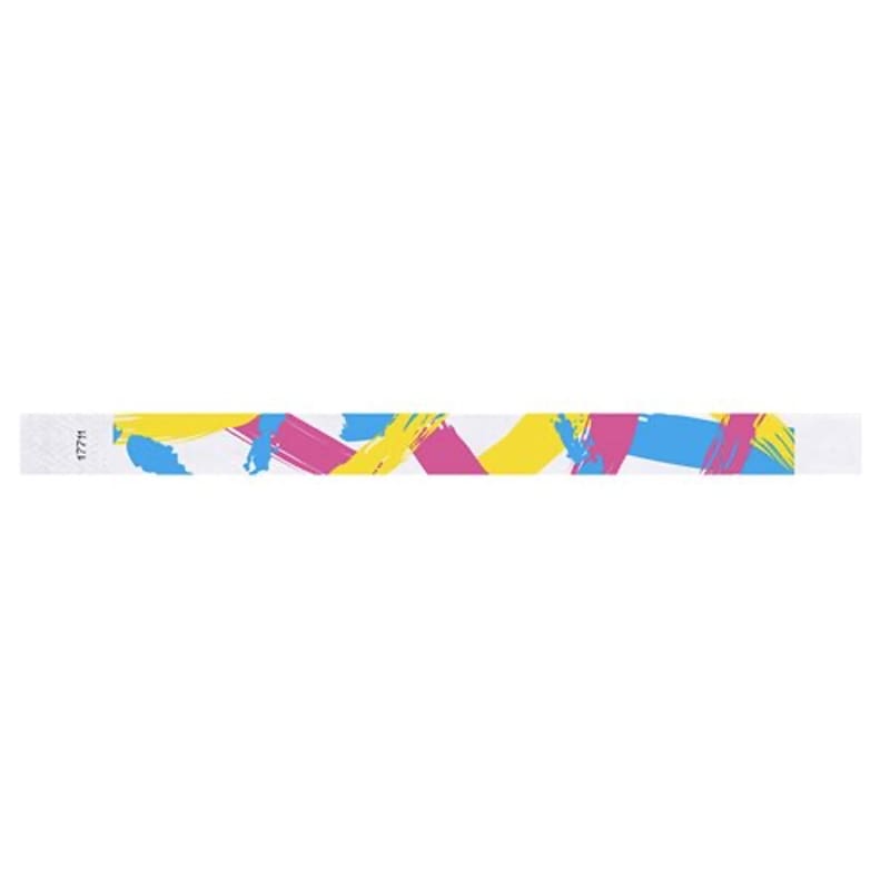 neon blue, neon yellow and neon pink paint strokes on a white tyvek wristband - flat version shown