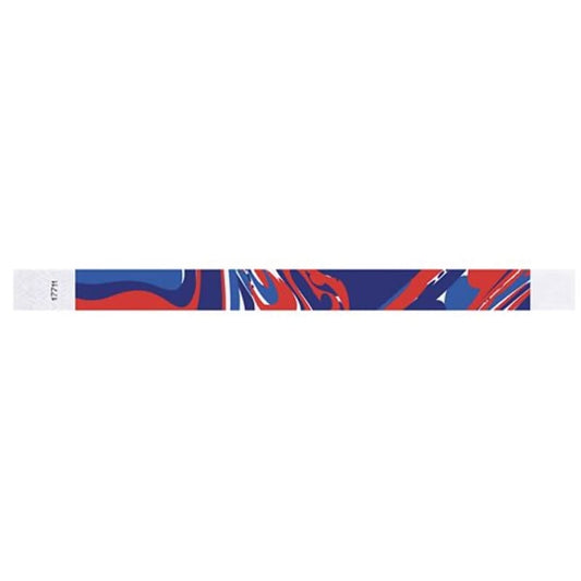 abstract pattern in neon blue, marine blue, neon red and white on a tyvek wristband - flat version shown