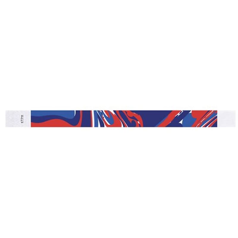 abstract pattern in neon blue, marine blue, neon red and white on a tyvek wristband - flat version shown