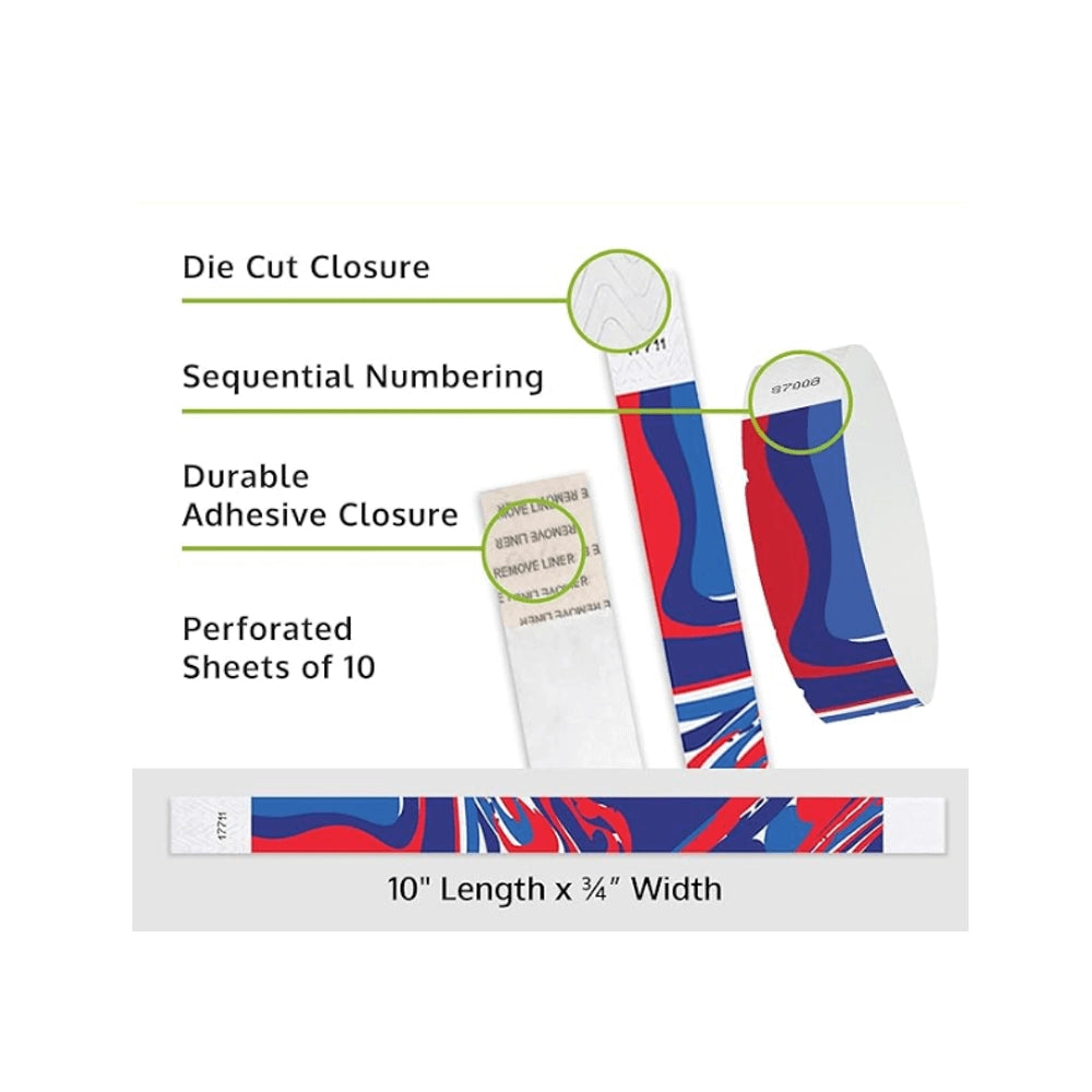 Colourful abstract tyvek wristbands showing the die cut closure, sequential numbering, and durable adhesive features 
