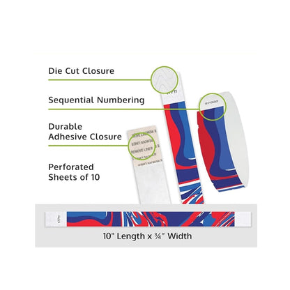 Colourful abstract tyvek wristbands showing the die cut closure, sequential numbering, and durable adhesive features 