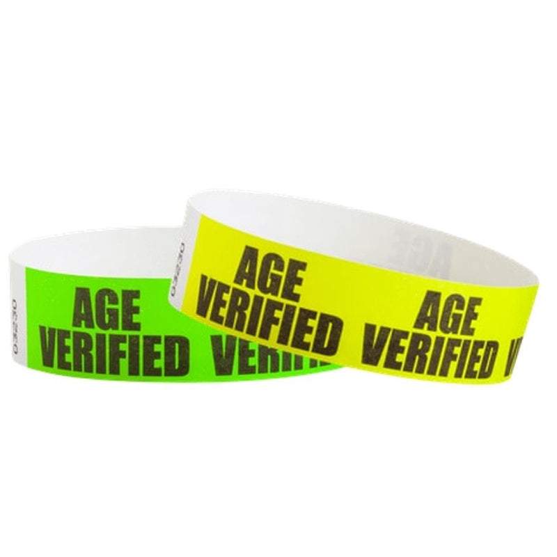 age verified text in black on neon yellow and neon green tyvek wristbands