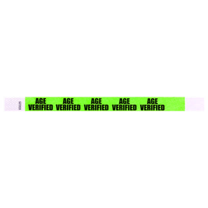 neon green tyvek wristband with age verified text repeated across the band