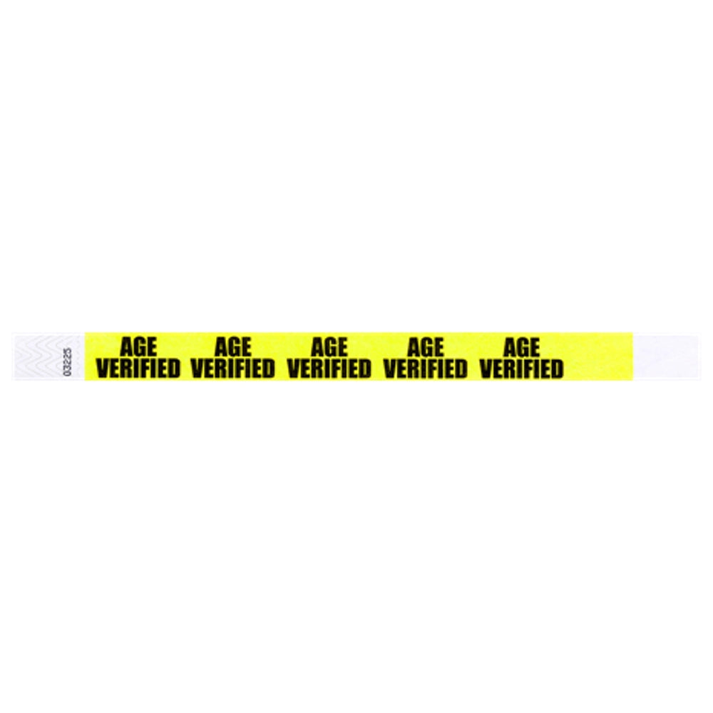 Neon yellow tyvek wristband with 'AGE VERIFIED' text in black ink - flat version shown