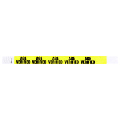 Neon yellow tyvek wristband with 'AGE VERIFIED' text in black ink - flat version shown