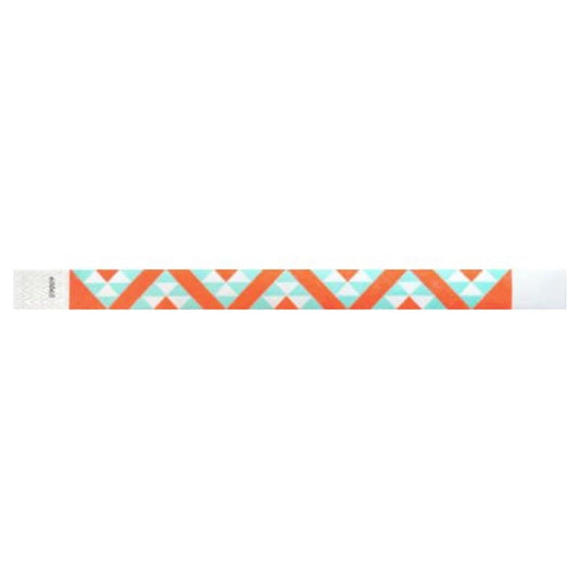 aztec pattern in neon orange and aqua on a white tyvek wristband - flat version shown