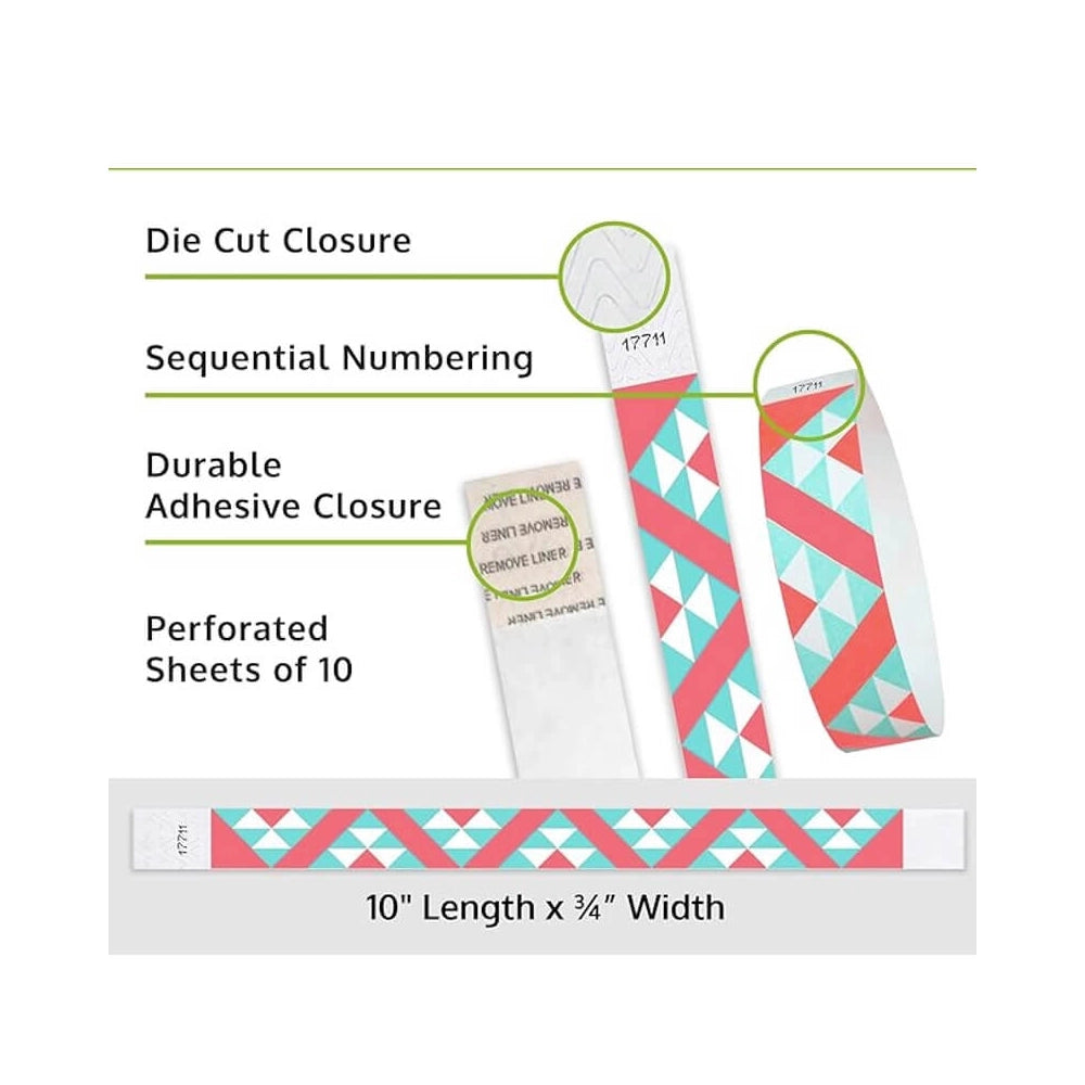 Product packaging  and text detailing features like die cut closure, sequential numbering, and perforated sheets. Aztec pattern shown on a tyvek wristband