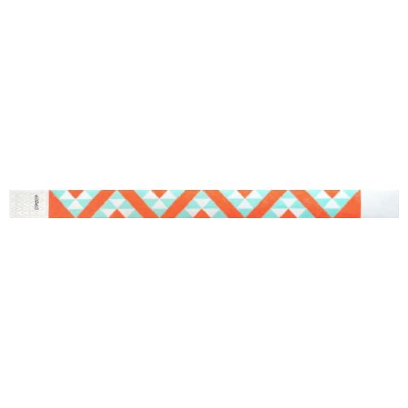 aztec pattern in neon orange and aqua on a white tyvek wristband - flat version shown