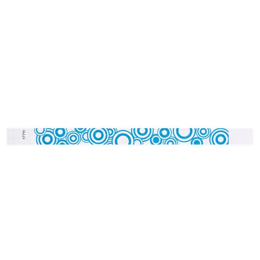 white tyvek wristband with neon blue disk pattern - flat version shown