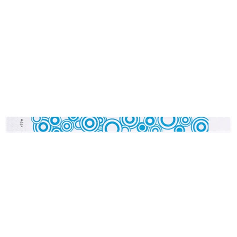 white tyvek wristband with neon blue disk pattern - flat version shown