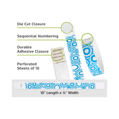 blue disk tyvek wristband detail product page showing the die cut adhesive closure, sequential numbering, perforated sheets of 10 and the dimensions.