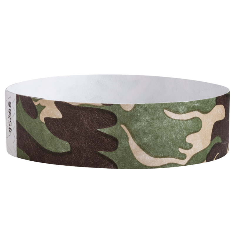 tyvek wristband with a camouflage pattern in green, brown and tan colors - round version shown