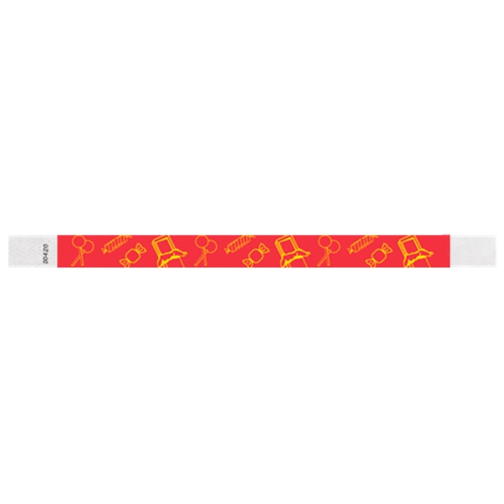 neon Red tyvek wristband with yellow candy illustrations - flat version shown