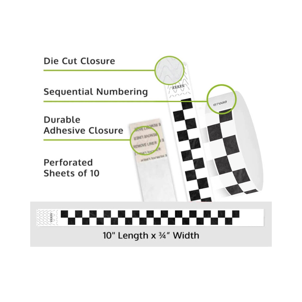 tyvek wristbands with black and white pattern - details showing sequential numbering, die cut closure and perforated sheets of 10