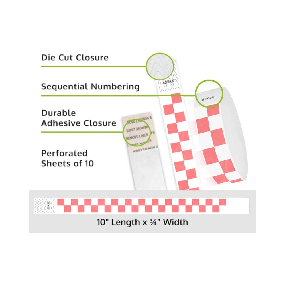 tyvek wristbands with coral red and white pattern - details showing sequential numbering, die cut closure and perforated sheets of 10