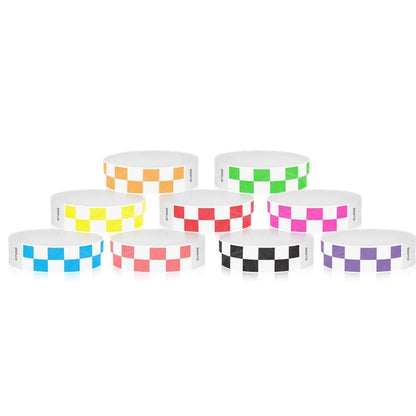 checkerboard patterns shown in white with neon orange, neon green, neon yellow, neon red, neon pink, neon blue, coral red, neon black and purple
