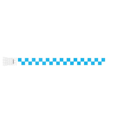 white and neon blue checker pattern on a tyvek wristband