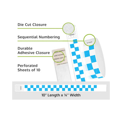 tyvek wristbands with neon blue and white pattern - details showing sequential numbering, die cut closure and perforated sheets of 10
