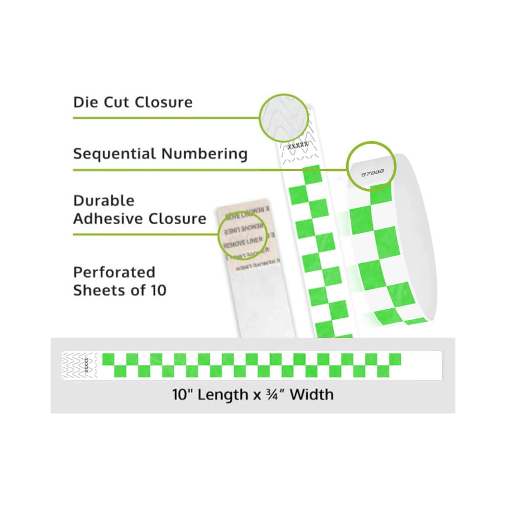 tyvek wristbands with neon green and white pattern - details showing sequential numbering, die cut closure and perforated sheets of 10