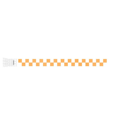 white and neon orange checker pattern on a tyvek wristband