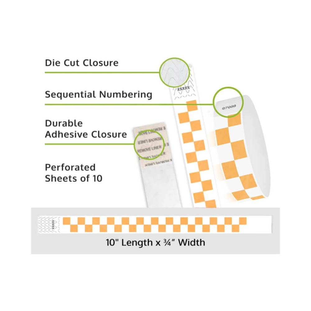 tyvek wristbands with orange and white pattern - details showing sequential numbering, die cut closure and perforated sheets of 10