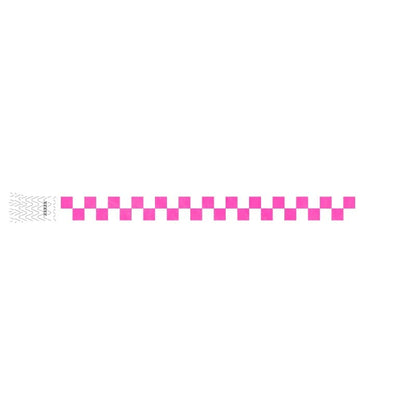 white and neon pink checker pattern on a tyvek wristband