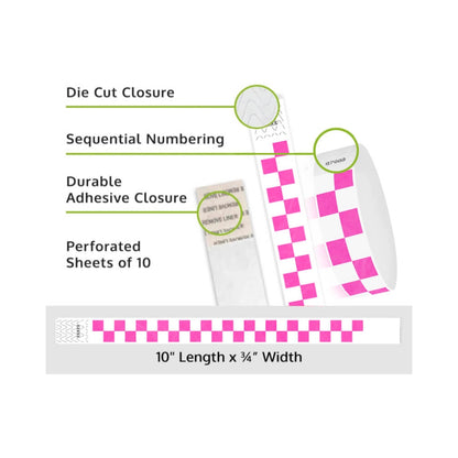 tyvek wristbands with neon pink and white pattern - details showing sequential numbering, die cut closure and perforated sheets of 10