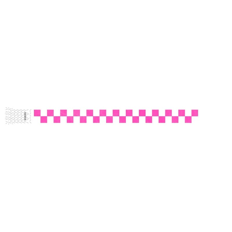white and neon pink checker pattern on a tyvek wristband