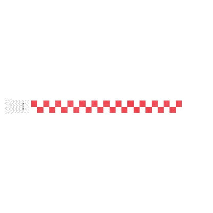 white and neon red checker pattern on a tyvek wristband