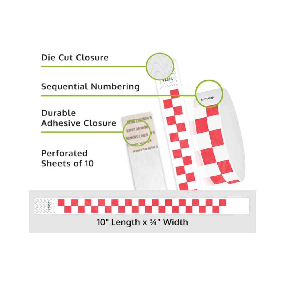 tyvek wristbands with neon red and white pattern - details showing sequential numbering, die cut closure and perforated sheets of 10