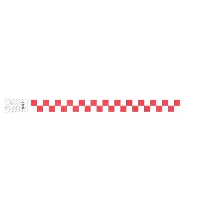 white and neon red checker pattern on a tyvek wristband