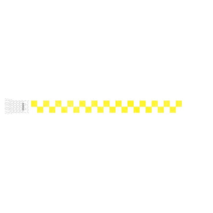 white and neon yellow checker pattern on a tyvek wristband