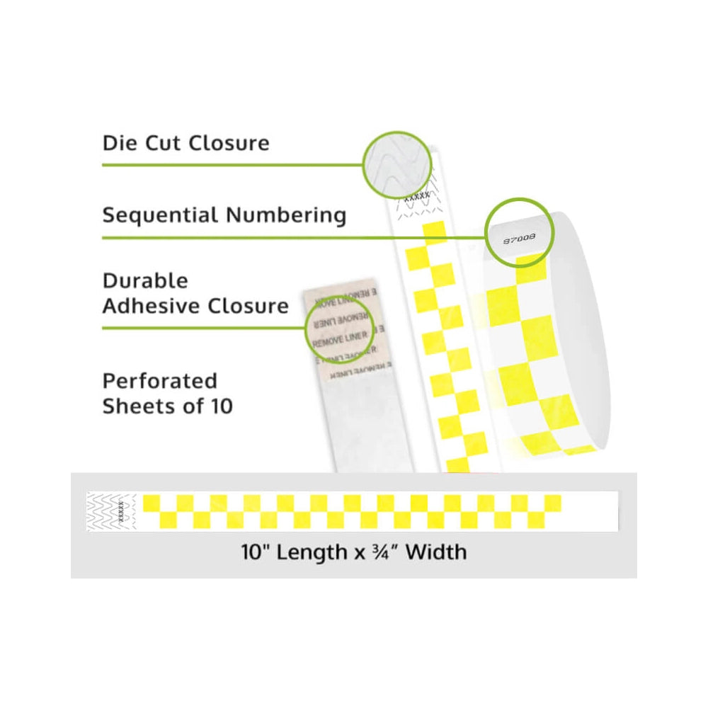 tyvek wristbands with neon yellow and white pattern - details showing sequential numbering, die cut closure and perforated sheets of 10