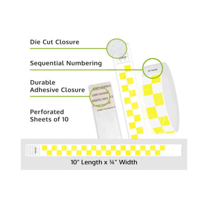 tyvek wristbands with neon yellow and white pattern - details showing sequential numbering, die cut closure and perforated sheets of 10