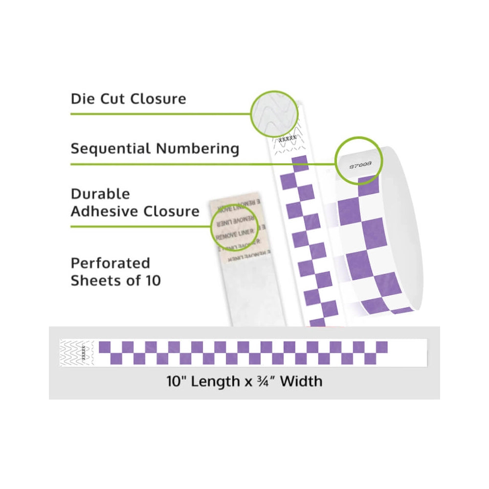 tyvek wristbands with purple and white pattern - details showing sequential numbering, die cut closure and perforated sheets of 10