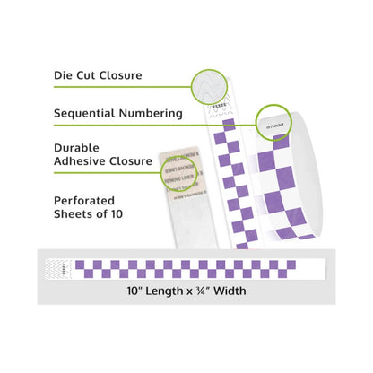 tyvek wristbands with purple and white pattern - details showing sequential numbering, die cut closure and perforated sheets of 10
