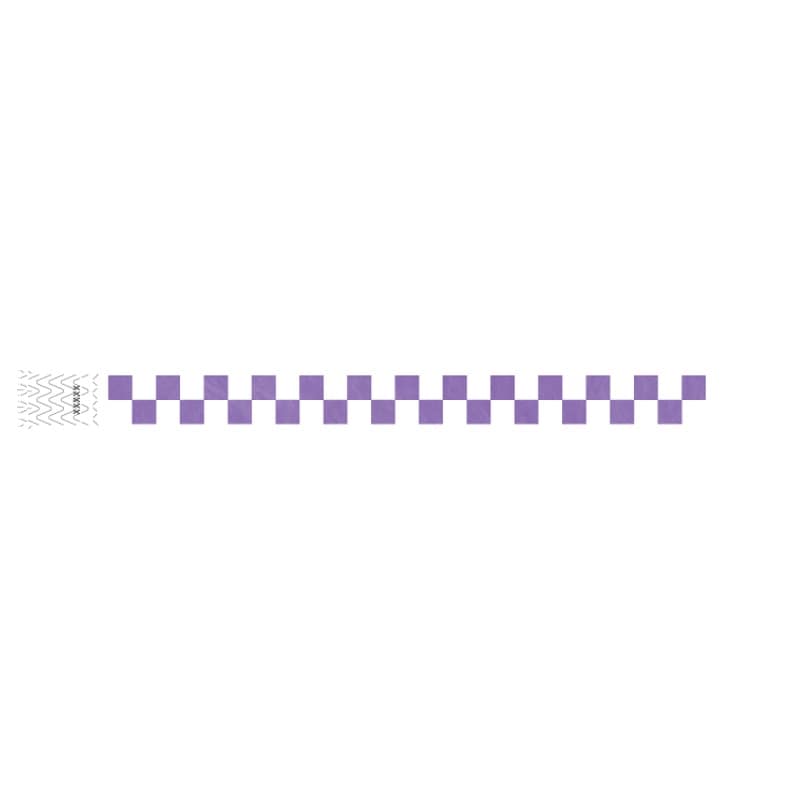 white and purple checker pattern on a tyvek wristband