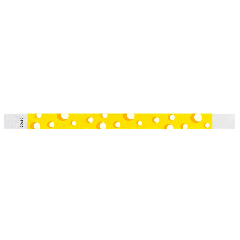 white tyvek wristband with neon yellow cheese pattern - flat version shown