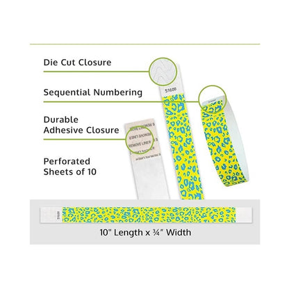 Cheetah tyvek wristband detail product page showing the die cut adhesive closure, sequential numbering, perforated sheets of 10 and the dimensions.