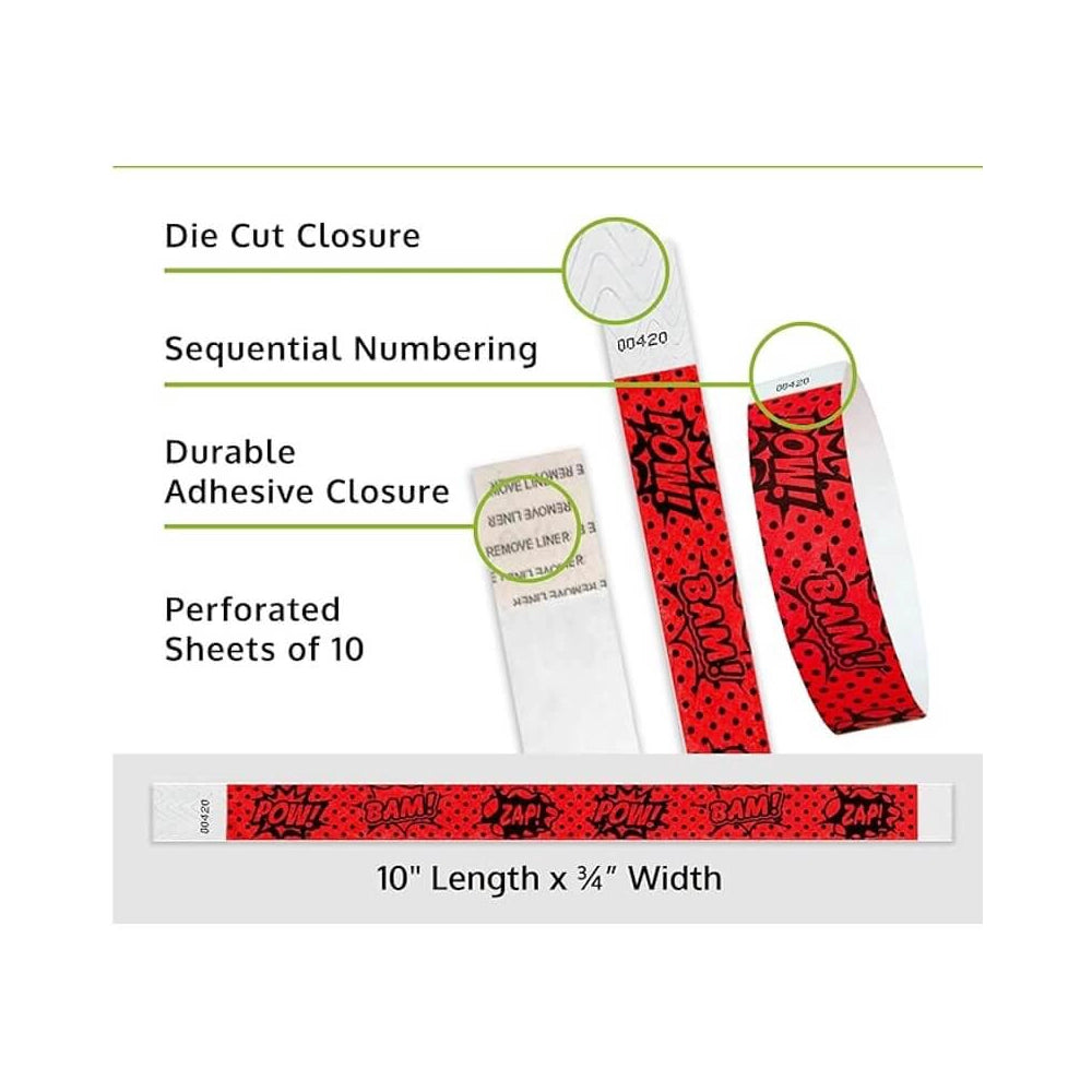comic superhero tyvek wristband detail product page showing the die cut adhesive closure, sequential numbering, perforated sheets of 10 and the dimensions.