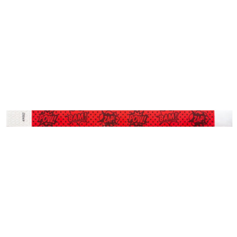  &#39;POW!&#39; and &#39;BAM!&#39; text in black on a neon red tyvek wristband - flat version shown