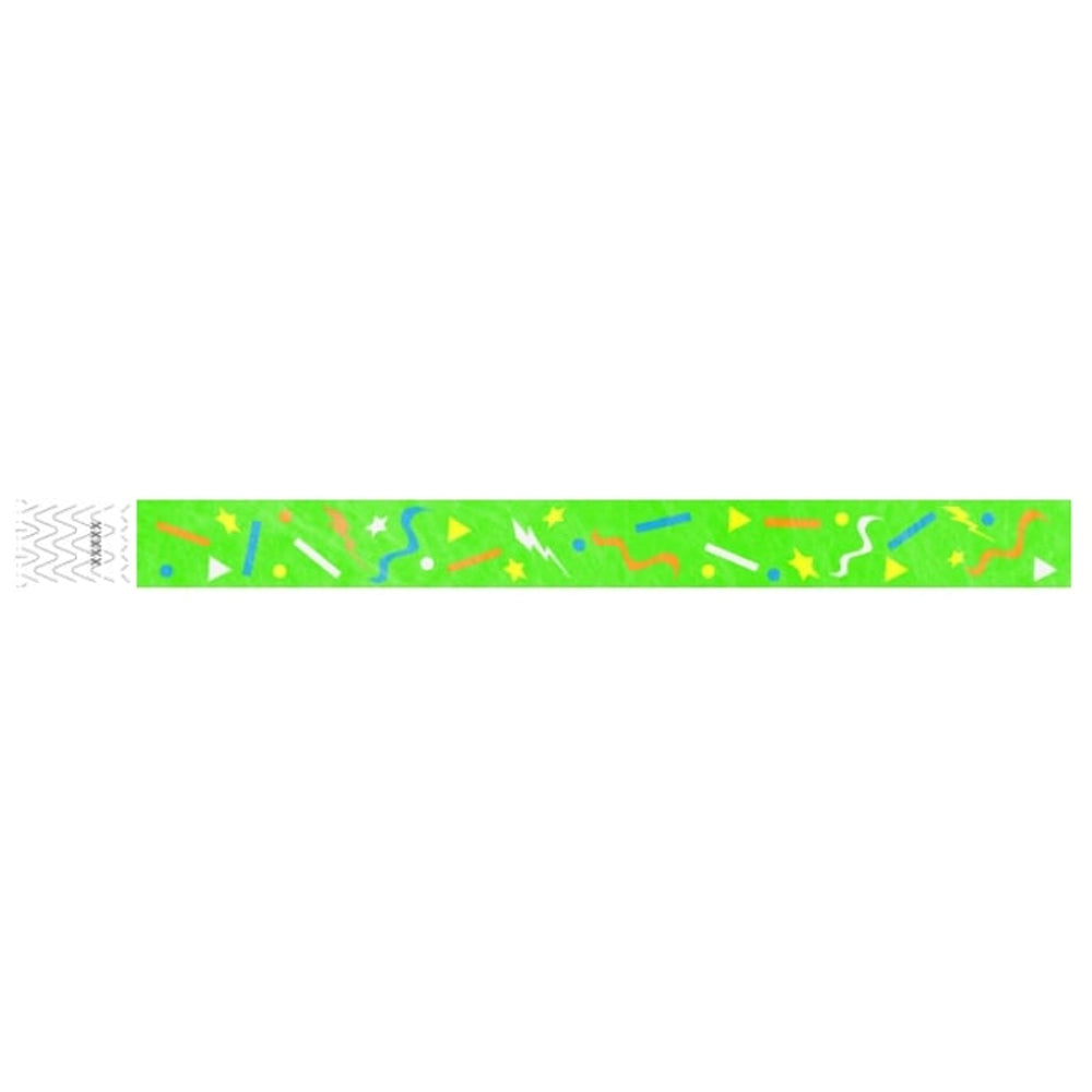 neon green wristband with geometric shapes in neon blue, neon orange, neon yellow and white - flat version shown