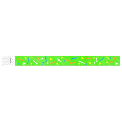 neon green wristband with geometric shapes in neon blue, neon orange, neon yellow and white - flat version shown