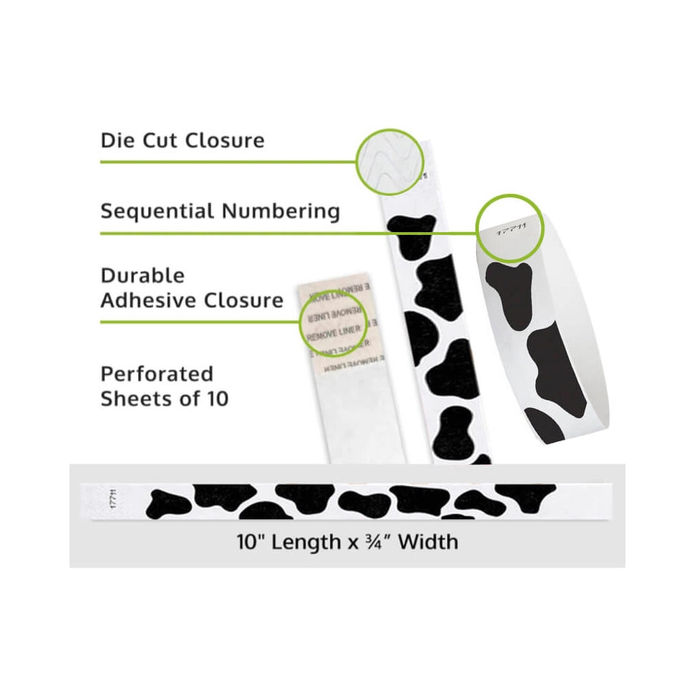 Cow Tyvek Wristband with product details outlining the diecut adhesive closure, sequential numbering and length