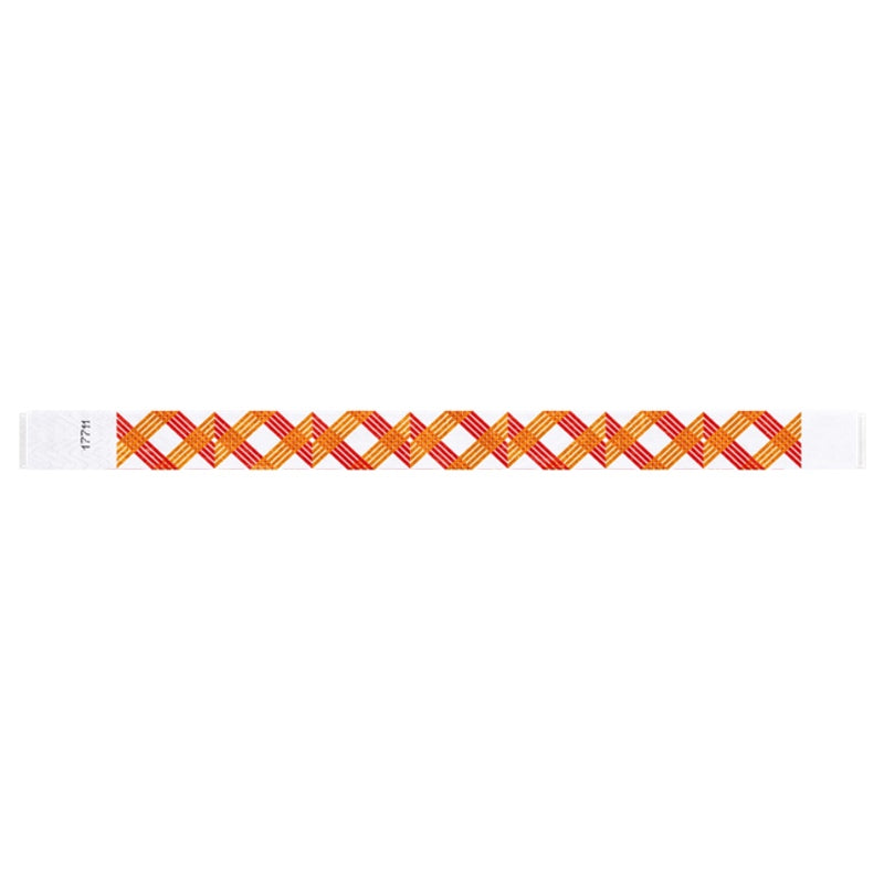 tyvek Wristband with a colorful criss cross pattern in neon orange and neon red on a white background