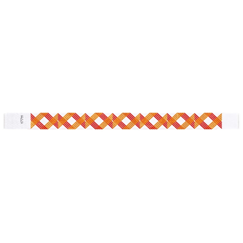 White wristband with neon red and neon orange xxx pattern - round version shown