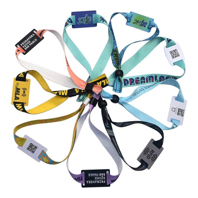 an assortment of cloth wristbands with rfid tags