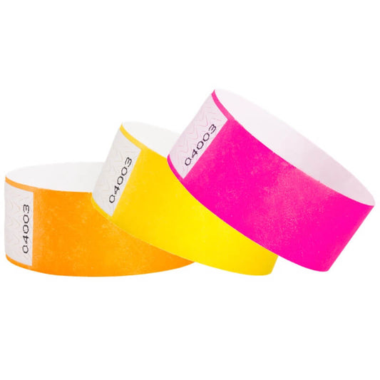 qwik fit 1" tyvek wristbands in neon orange, neon yellow and neon pink
