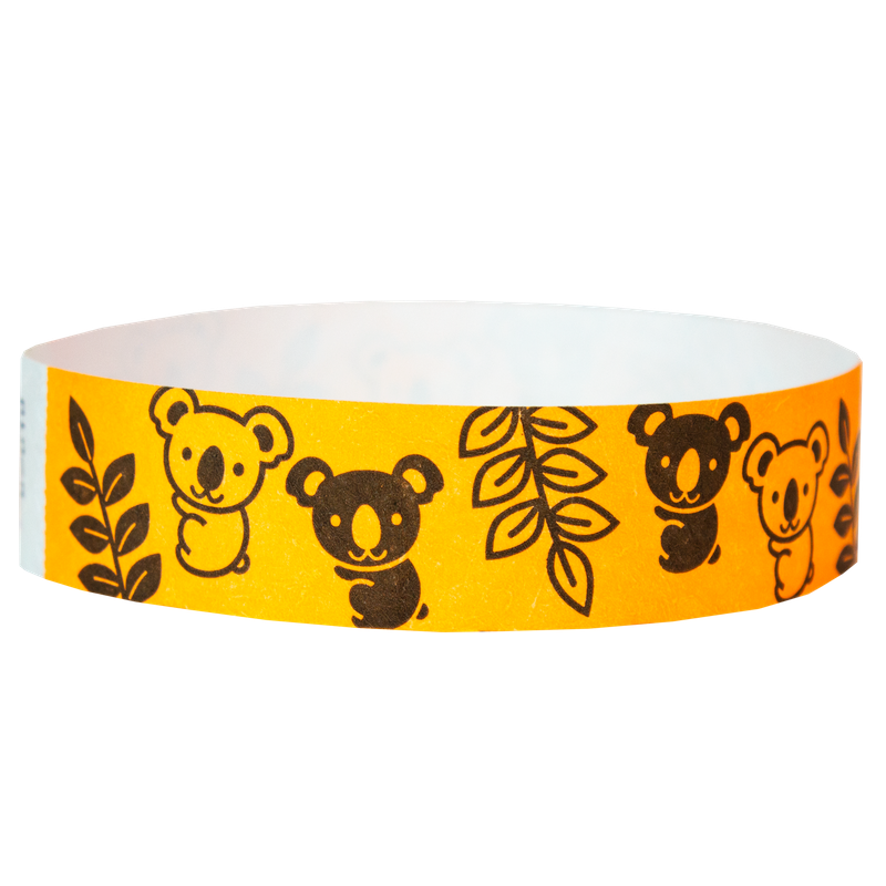 black koalas and leaves pattern on a neon orange tyvek wristband