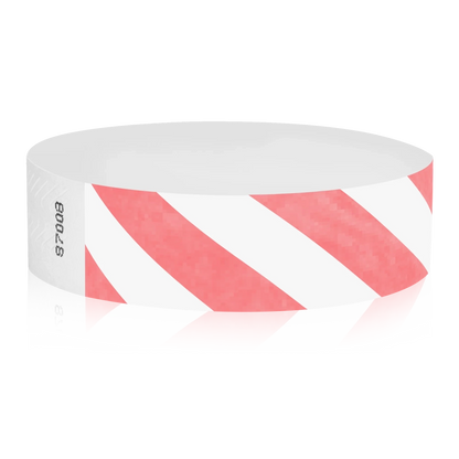 White tyvek wristband with coral red diagonal stripes - round version shown